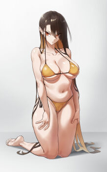1girl absurdres bam.g bare_arms bare_legs bare_shoulders barefoot bikini blonde_hair breasts brown_hair closed_mouth colored_inner_hair commentary_request earrings feet grey_background hair_between_eyes hand_on_own_thigh highres jewelry kneeling korean_commentary large_breasts long_hair looking_at_viewer multicolored_hair navel orange_eyes original simple_background skindentation soles solo string_bikini swimsuit toes two-tone_hair very_long_hair yellow_bikini