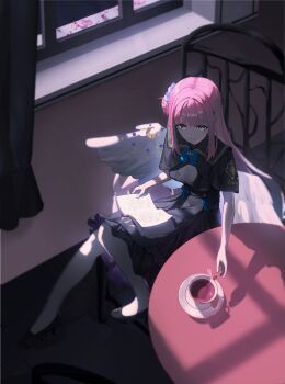 Rule 34 | 1girl, absurdres, black capelet, black dress, black shoes, blue archive, blue bow, blue bowtie, book, book on lap, bow, bowtie, breasts, capelet, chair, closed mouth, commentary, crescent, cup, dot nose, dress, feathered wings, from above, full body, high heels, highres, indoors, long hair, mika (blue archive), moonlight, night, on chair, open book, pink hair, pumps, school uniform, shadow, shoes, sitting, slice of life, solo, straight hair, table, tea, teacup, trinity general school logo, white wings, wing ornament, wings, wispy bangs, xva-n, yellow eyes