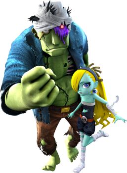 10s 1boy 1girl 3d absurdres bandaged_leg bandages bandaid bandaid_on_face blonde_hair blue_skin colored_skin earrings from_above hair_over_one_eye heart highres house_of_the_dead house_of_the_dead_ex injury jewelry logo looking_at_viewer muscular muscular_male official_art one_eye_covered open_clothes open_shirt sega size_difference smile sonic_(series) sonic_and_sega_allstars_racing source_request torn_clothes walking yellow_skin zobiko zobio zombie zombie_girl
