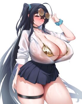 1girl absurdres adjusting_eyewear ahoge alternate_costume azur_lane bikini black_choker black_hair black_skirt blue_scrunchie blush breasts choker cleavage collarbone collared_shirt commentary cowboy_shot crossed_bangs full-face_blush gold_bikini gyaru hair_between_eyes hair_ornament hair_scrunchie highres huge_ahoge huge_breasts long_hair long_sleeves looking_at_viewer miniskirt partially_unbuttoned pleated_skirt round_eyewear ruda7032 scrunchie see-through_clothes see-through_shirt shirt simple_background skindentation skirt solo sunglasses sweat swimsuit taihou_(azur_lane) thigh_strap tinted_eyewear variant_set very_long_hair wet wet_clothes wet_shirt white_background white_shirt wrist_scrunchie yellow-tinted_eyewear