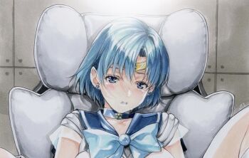 1girl bishoujo_senshi_sailor_moon blue_choker blue_eyes blue_hair blue_ribbon blue_sailor_collar blush chair choker circlet clenched_teeth collarbone commentary_request cropped indoors katsu_(24791909) looking_at_viewer marker_(medium) mizuno_ami neck_ribbon on_chair paid_reward_available ribbon sailor_collar sailor_mercury sailor_senshi_uniform short_hair sitting solo tearing_up teeth traditional_media