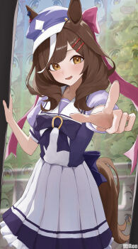 1girl absurdres animal_ears blue_hat blush bow bowtie breasts brown_hair commentary_request ears_through_headwear hair_bow hair_ornament hairclip hat highres horse_ears horse_girl horse_tail long_hair looking_at_viewer matikanetannhauser_(umamusume) mi_rong_abmiron multicolored_hair newsboy_cap open_mouth pink_bow pleated_skirt pointing pointing_at_viewer puffy_short_sleeves puffy_sleeves purple_bow purple_bowtie purple_shirt sailor_collar sailor_shirt school_uniform screenshot_inset shirt short_sleeves skirt smile streaked_hair tail tilted_headwear tracen_school_uniform umamusume white_sailor_collar white_skirt yellow_eyes