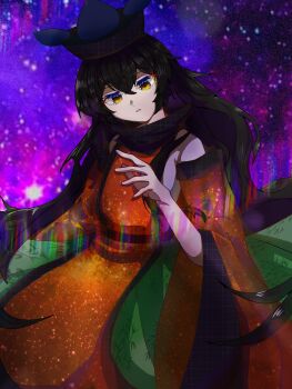 Rule 34 | 1girl, absurdres, alternate hair color, black hair, black hat, black trim, blurry, blurry background, commentary, cowboy shot, crossed bangs, detached sleeves, dot nose, eyelashes, green skirt, hair between eyes, hand up, hat, highres, long hair, long sleeves, looking at hand, looking down, matara okina, orange sleeves, orange tabard, parted lips, patterned clothing, purple background, shi ren ne, shirt, sidelocks, skirt, sky, solo, star (sky), starry sky, tabard, tate eboshi, touhou, variant set, very long hair, white shirt, wide sleeves, yellow eyes