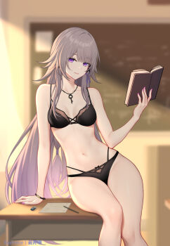 1girl arm_support artist_name bare_shoulders black_bra black_panties blurry blurry_background book bra bracelet breasts brown_hair chalkboard classroom collarbone commentary cowboy_shot desk dusk eraser feet_out_of_frame gradient_hair hair_ribbon hashtag-only_commentary herta_(honkai:_star_rail) highres holding holding_book honkai:_star_rail honkai_(series) indoors jewelry key key_necklace long_hair looking_at_viewer multicolored_hair nail_polish necklace on_desk open_book paid_reward_available panties paper parted_lips pencil pink_nails purple_eyes purple_hair purple_ribbon ribbon school_desk sitting small_breasts smile solo sunlight teacher the_herta_(honkai:_star_rail) underwear underwear_only very_long_hair yunkaiming