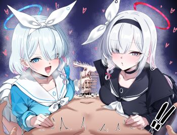 1boy 2girls absurdres alternate_breast_size_(larger) arona_(blue_archive) assertive_female bar_censor blue_archive blue_eyes blue_hair blush braid breasts breath censored clothed_female_nude_male colored_inner_hair cooperative_handjob cum erection ffm_threesome glansjob grey_hair group_sex hair_over_one_eye halo handjob heart hetero highres long_hair long_sleeves looking_at_viewer male_pubic_hair multicolored_hair multiple_girls nude open_mouth penis pink_hair plana_(blue_archive) pov pubic_hair sailor_collar school_uniform serafuku single_braid smile speech_bubble teamwork_(sexual) threesome two-tone_hair variant_set white_sailor_collar woo_(woosan)