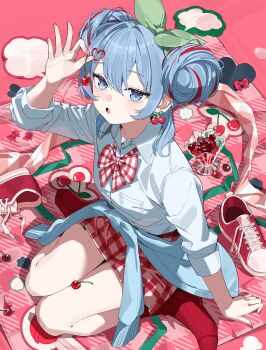 1girl absurdres blue_cardigan blue_eyes blue_hair bow bowtie cardigan cardigan_around_waist cherry cherry_earrings cherry_pop_(vocaloid) clothes_around_waist collared_shirt commentary double_bun ear_piercing earrings food food-themed_earrings food_themed_earrings fruit gingham_bowtie gingham_skirt green_hairband hair_bun hair_ornament hairband hatsune_miku heart heart_hair_ornament highres holding_cherry jewelry looking_at_viewer multicolored_hair nik_ibi open_mouth piercing red_bow red_bowtie red_hair red_skirt red_socks shirt shoes sitting skirt socks solo unworn_shoes vocaloid wariza white_shirt