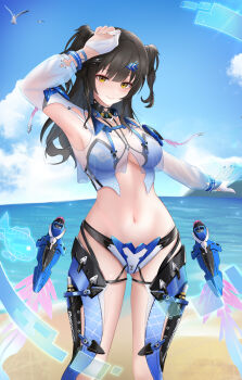 1girl absurdres arm_up armpits bare_shoulders beach bikini bird black_collar black_hair blue_bikini blue_nails blue_sky blunt_bangs breasts chinese_commentary closed_mouth cloud collar commentary_request crop_top day fish_hair_ornament gloves hair_between_eyes hair_ornament highres large_breasts looking_at_viewer navel ocean outdoors partially_fingerless_gloves see-through_cleavage see-through_clothes see-through_shirt see-through_sleeves shirt shrug_(clothing) shuo_bian_yue sidelocks siris_(snowbreak) sky smile snowbreak:_containment_zone solo standing stomach strapless strapless_bikini swimsuit two_side_up white_bikini white_gloves white_shrug