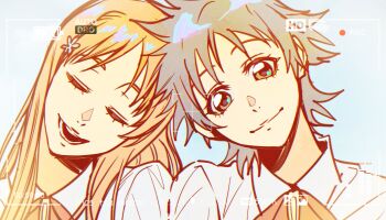 Rule 34 | 2girls, absurdres, arisawa tatsuki, black hair, bleach, blouse, closed eyes, hair ornament, hairclip, highres, inoue orihime, karakura high school uniform, long hair, looking at viewer, multiple girls, n (nauki 11), open mouth, orange hair, ribbon, school uniform, shirt, short hair, simple background, smile