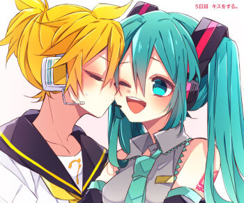 1boy 1girl aqua_eyes aqua_hair aqua_necktie bare_shoulders bass_clef black_sleeves blonde_hair closed_eyes collared_shirt commentary_request detached_sleeves grey_shirt hair_ornament hatsune_miku headphones headset hetero highres kagamine_len kaho_0102 kiss kissing_cheek long_hair necktie one_eye_closed open_mouth ponytail sailor_collar school_uniform shirt short_ponytail shoulder_tattoo sleeveless sleeveless_shirt smile spiked_hair tattoo translated twintails upper_body vocaloid white_shirt yellow_necktie