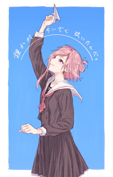 1girl absurdres arisugawa_academy_school_uniform arm_up black_serafuku black_shirt black_skirt blue_background border commentary cowboy_shot d4dj frilled_skirt frills from_side grin highres holding holding_paper_airplane looking_up one_side_up outside_border paper_airplane pink_eyes pink_hair revision sailor_collar sakurada_miyu school_uniform serafuku shirt short_hair skirt smile solo translation_request white_border white_sailor_collar yukitake_(bullfalk)