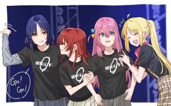 4girls ahoge black_shirt blonde_hair blue_eyes blue_hair bocchi_the_rock! bow bowtie closed_eyes commentary_request cube_hair_ornament detached_ahoge english_text gotoh_hitori grabbing_another's_arm grey_shirt grin hair_ornament highres ijichi_nijika kanaria_hisagi kessoku_band kessoku_band_logo kessoku_band_t-shirt kita_ikuyo layered_sleeves long_hair long_sleeves medium_hair mole mole_under_eye multiple_girls one_side_up open_mouth pink_hair pleated_skirt polka_dot polka_dot_bow polka_dot_bowtie red_bow red_bowtie red_hair shirt short_over_long_sleeves short_sleeves side_ahoge side_ponytail skirt smile suspender_skirt suspenders sweatdrop teeth upper_teeth_only yamada_ryo