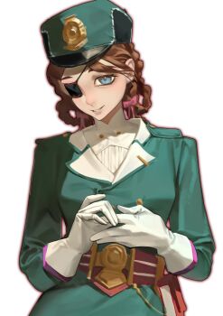 1girl aged_up aima_(reverse:1999) belt blue_eyes braid braided_hair_rings brown_hair eyepatch gloves green_hat green_jacket grin hair_rings hat highres jacket looking_at_viewer manmandi one_eye_covered own_hands_together peaked_cap red_belt reverse:1999 shirt short_hair smile solo upper_body white_background white_gloves white_shirt
