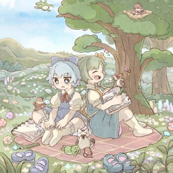 2girls :d :o ^_^ animal aqua_eyes ascot bird blue_bow blue_dress blue_eyes blue_flower blue_shoes blue_skirt blue_sky blue_vest bow cat chigu cirno closed_eyes commentary_request daiyousei day detached_wings drawing_(action) dress fairy_wings fang field flower frog green_hair hair_bow highres holding holding_pencil mary_janes multiple_girls neck_ribbon nest open_mouth outdoors pencil pink_flower puffy_short_sleeves puffy_sleeves purple_flower red_flower red_ribbon ribbon shoes short_hair short_sleeves sitting sketchbook skin_fang skirt skirt_set sky smile socks touhou tree unworn_shoes vest white_socks wings yellow_ascot
