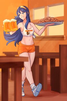 1girl absurdres alcohol alternate_costume armpits bare_arms bare_legs beer beer_mug blue_eyes blue_hair brand_of_the_exalt breasts chicken_(food) chicken_wing cleavage commission cup dolphin_shorts employee_uniform fire_emblem fire_emblem_awakening food hair_between_eyes highres holding holding_cup holding_tray hooters indoors long_hair lucina_(fire_emblem) midriff mug navel nintendo obsidianwasp open_mouth orange_shorts print_tank_top shirt shoes short_shorts shorts small_breasts smile socks solo stomach tank_top tiara tied_shirt tray waitress white_shirt white_socks white_tank_top