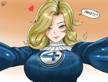 1girl blonde_hair blue_bodysuit blue_eyes bodysuit breasts english_text fantastic_four gradient_background heart highres large_breasts long_hair looking_at_viewer marvel marvel marvel_rivals official_alternate_costume orange_background ribbed_bodysuit solo speech_bubble sue_storm sue_storm_(the_fantastic_four:_first_steps) the_fantastic_four:_first_steps upper_body waifuviolenta