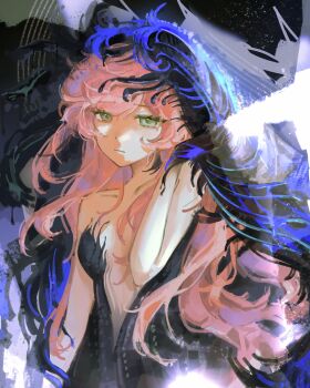 Rule 34 | 1girl, :|, aqua eyes, bare arms, bare shoulders, black dress, black hands, black veil, blue veil, breasts, closed mouth, colored extremities, dark background, dress, half-closed eyes, hand up, highres, long hair, looking at viewer, nautika (reverse:1999), pehnut ., pink hair, plunging neckline, reverse:1999, small breasts, solo, strapless, strapless dress, two-tone veil, upper body, veil