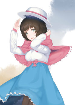1girl aqua_eyes bad_tag black_hair black_pantyhose blue_eyes blue_skirt bow breasts hands_up hat helmet high-waist_skirt highres large_breasts long_sleeves looking_at_viewer marsirome medium_hair open_mouth pantyhose pink_bow red_scarf ringed_eyes sash scarf science_adventure shiina_mayuri shirt skirt solo square_pupils steins;gate steins;gate_0 tareme teeth tongue upper_teeth_only waist_bow waist_sash white_shirt winter_clothes