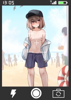 1boy 1girl 6+others absurdres averting_eyes barefoot baseball_cap battery_indicator beach bird black_hat blue_male_swimwear blue_sky blush bob_cut breasts breasts_apart brown_hair clock closed_mouth cloud collarbone day digital_clock double-parted_bangs drawstring embarrassed exhibitionism fake_phone_screenshot fake_screenshot feet_out_of_frame full_body groin hair_between_eyes hat highres humiliation innertube jacket jacket_partially_removed lifebuoy linea_alba loli long_bangs long_sleeves looking_at_viewer looking_to_the_side male_swimwear male_swimwear_challenge medium_hair multicolored_jacket multiple_others navel nipples ocean off_shoulder open_clothes open_jacket original outdoors people pink_eyes public_indecency raraserara sand shade shaded_face shadow silhouette simple_bird sky small_breasts solo_focus standing stomach striped_innertube sunlight swim_ring swim_trunks topless_female user_interface viewfinder water wavy_mouth white_jacket