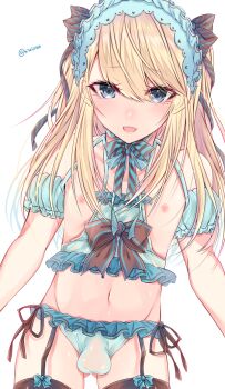 1boy arms_at_sides black_garter_straps black_ribbon black_thighhighs blonde_hair blush bow breast_cutout brown_bow brown_ribbon bulge chest_bow cowboy_shot crossdressing crossdressing_(mtf) frilled_headwear frilled_panties frilled_shirt frilled_sleeves frilled_tube_top frills garter_straps green_headdress green_panties green_shirt grey_eyes groin hair_between_eyes hair_ribbon headdress highres legs_together long_hair long_sidelocks looking_at_viewer makeup male_focus navel nipples off-shoulder_shirt off_shoulder open_mouth original panties parted_bangs puffy_short_sleeves puffy_sleeves raised_eyebrows ribbon ribbon-trimmed_headwear ribbon-trimmed_thighhighs ribbon_trim shirt shisei_(kyuushoku_banchou) short_sleeves side-tie_panties sidelocks simple_background smile solo standing stomach straight_hair strapless striped_ribbon thigh_gap thighhighs thighs trap tube_top underwear