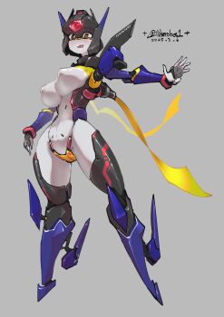 1girl 2025 absurdres artist_name breasts dated grey_background highres humanoid_robot i_like_robot joints large_breasts looking_at_viewer mechanical_arms mechanical_legs open_mouth original reaching robot robot_girl robot_joints simple_background yellow_eyes