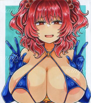 1girl aqua_background areola_slip bikini blue_bikini blue_gloves blush border breasts cleavage collarbone commentary covered_erect_nipples double_w elbow_gloves fang gloves hair_bobbles hair_ornament highres huge_breasts looking_at_viewer medium_hair micro_bikini onozuka_komachi open_mouth red_eyes red_hair sample_watermark simple_background solo swimsuit touhou two_side_up upper_body w washiwa watermark white_border
