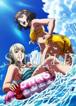 2girls afloat aqua_bikini bikini blonde_hair breasts brown_eyes brown_hair cloud eva_frost green_eyes innertube large_breasts lips long_hair looking_at_viewer lowres medium_hair multiple_girls ocean official_art open_mouth sheila_levitt sitting sky striped_bikini striped_clothes swim_ring swimsuit teeth terra_formars waves white_bikini yellow_bikini