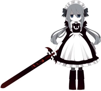 Rule 34 | 1girl, apron, black boots, black dress, black ribbon, blue eyes, boots, chloe (funamusea), dress, empty eyes, full body, funamusea, funamusea (artist), gloves, grey hair, hair ribbon, holding, holding sword, holding weapon, long hair, maid, maid headdress, official art, puffy sleeves, ribbon, simple background, solo, standing, sword, twintails, weapon, white background