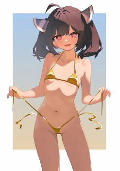 1girl @_@ ahoge bikini blue_background blush border breasts brown_hair cameltoe collarbone cowboy_shot gluteal_fold gold_bikini gradient_background hair_between_eyes highres loli looking_at_viewer medium_hair micro_bikini navel open_mouth outside_border red_eyes short_twintails side-tie_bikini_bottom sidelocks small_breasts solo standing stomach string_bikini suprenkonverto swimsuit thighs touhoku_kiritan twintails untied_bikini_top voiceroid white_border yellow_background