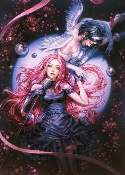 2girls alien_stage asymmetrical_gloves black_dress black_gloves black_thighhighs bubble clothing_cutout commentary dress english_commentary gloves highres holding holding_microphone long_hair microphone mizi_(alien_stage) multiple_girls parted_lips pink_hair pink_ribbon png_stalin ribbon short_sleeves shoulder_cutout spotlight sua_(alien_stage) thighhighs uneven_gloves very_long_hair vintage_microphone yellow_eyes