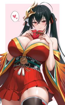 Rule 34 | 1girl, ahoge, azur lane, bare shoulders, black hair, black thighhighs, blush, breasts, cleavage, commentary request, crossed bangs, detached sleeves, dress, hair ribbon, highres, huge breasts, long hair, looking at viewer, mask, mask on head, obi, off shoulder, red dress, red eyes, ribbon, sama samasa, sash, smile, solo, taihou (azur lane), thick thighs, thighhighs, thighs, twintails, wide sleeves