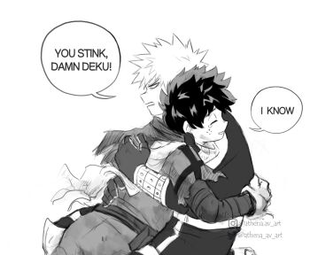 Rule 34 | 2boys, annoyed, athena av, bakugou katsuki, between legs, blank eyes, bodysuit, boku no hero academia, cape, character name, closed eyes, commentary, dirty, dirty clothes, english commentary, english text, freckles, from side, furrowed brow, gloves, greyscale, hand on another's back, hands on another's back, happy, highres, hug, instagram logo, instagram username, kneeling, leaning on person, male focus, mask, mask around neck, midoriya izuku, monochrome, multiple boys, open mouth, profile, short hair, simple background, single tear, smell, smile, speech bubble, spiked hair, spoilers, talking, tearing up, torn cape, torn clothes, torn sleeve, twitter logo, twitter username, two-sided gloves, upper body, white background, wrist guards
