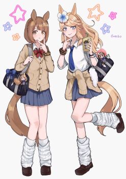 2girls :t animal_ears animal_print bag bag_charm blonde_hair bow bowtie braid brown_eyes brown_hair cardigan cardigan_around_waist character_charm charm_(object) clothes_around_waist collared_shirt commentary_request crown_braid cup disposable_cup drinking_straw ear_flower ear_ornament ewa_(ewa0310) fingernails full_body gold_city_(umamusume) highres holding holding_cup horse_ears horse_girl horse_tail leopard_print loafers long_fingernails long_hair loose_socks multiple_girls nail_polish necktie nishino_flower_(umamusume) pleated_skirt purple_eyes school_bag school_uniform scrunchie shirt shoes short_hair skirt sleeves_rolled_up smile socks standing standing_on_one_leg star_(symbol) tail tongue tongue_out umamusume v v_over_mouth wrist_scrunchie