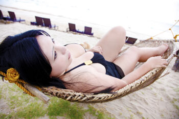 1girl asian black_hair breasts chouzuki_maryou large_breasts photo_(medium) plump solo swimsuit