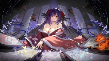 1girl azur_lane bare_shoulders black_thighhighs blue_butterfly breasts bug burning butterfly cleavage collarbone flight_deck floral_print flower game_cg golden_butterfly hair_flower hair_ornament hair_over_one_eye highres houshou_(azur_lane) houshou_(meta)_(azur_lane) insect instrument japanese_clothes kimono large_breasts long_hair long_sleeves non-web_source obi off_shoulder ofuda parted_lips print_kimono purple_butterfly purple_hair purple_kimono red_eyes red_flower red_kimono rigging sash shamisen shikigami sitting smile solo sword thighhighs thighs toes very_long_hair weapon wide_sleeves yokozuwari