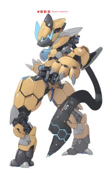 animal_focus artist_name blue_eyes commentary english_commentary facebook_logo facebook_username full_body gen_7_pokemon highres instagram_logo instagram_username legendary_pokemon mecha mecha_focus mechanization mythical_pokemon nintendo no_humans pixiv_logo pixiv_username pokemon pokemon_(creature) robot simple_background slit_pupils solo twitter_logo twitter_username white_background xezeno zeraora