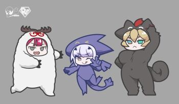 3girls albion_(fate) animal_costume baobhan_sith_(fate) barghest_(fate) blonde_hair breasts cernunnos_(fate) dog_costume dragon_costume fate/grand_order fate_(series) green_eyes grey_background grey_eyes heterochromia imaizumi_teruhiko melusine_(fate) multiple_girls one_eye_closed open_mouth pink_hair smile