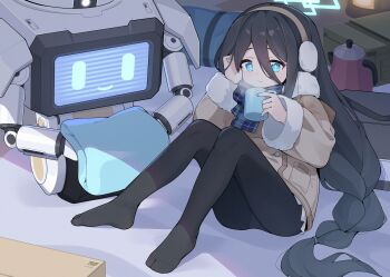 1girl absurdres aris_(blue_archive) black_hair black_pantyhose blue_archive blue_eyes blue_halo brown_jacket closed_mouth commentary cup earmuffs green_halo hair_between_eyes halo highres holding holding_cup jacket kei_(amas)_(blue_archive) kettle long_hair long_sleeves no_shoes pantyhose scarf sitting smile very_long_hair yangge