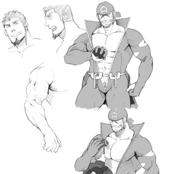 0_0 2boys abs archie_(pokemon) bara beard bodysuit bulge character_request collage cropped_legs face_to_pecs facial_hair full_beard goatee greyscale guiding_hand large_pectorals male_focus mature_male monochrome multiple_boys muscular muscular_male mustache_stubble nipples no_headwear open_bodysuit open_clothes original pectorals pubic_hair pubic_hair_peek sakuramarusan short_hair strongman_waist stubble thick_eyebrows thick_thighs thighs yaoi