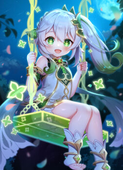 1girl :d absurdres bare_shoulders blurry blurry_background blush braid colored_tips cross-shaped_pupils dress feet foot_out_of_frame genshin_impact green_eyes green_hair hair_ornament highres holding leaf_hair_ornament long_hair looking_at_viewer multicolored_hair nahida_(genshin_impact) night on_swing open_mouth pointy_ears short_dress side_ponytail sidelocks sitting sleeveless sleeveless_dress smile socks solo stirrup_legwear swing symbol-shaped_pupils thighs toeless_legwear toes two-tone_hair umishima_rinta white_hair white_socks