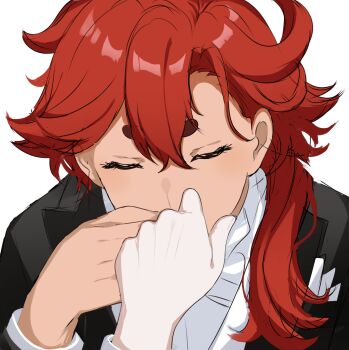 2girls black_jacket closed_eyes commentary female_pov gundam gundam_suisei_no_majo highres hiruver holding_hands jacket kiss kissing_hand long_hair miorine_rembran multiple_girls pov red_hair shirt simple_background suletta_mercury thick_eyebrows white_background white_shirt yuri