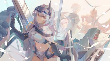 4girls armor bandaged_waist bikini_armor breasts cloak commentary covered_navel dog_tags dual_persona english_commentary goddess_of_victory:_nikke highres horns kirabunni large_breasts liliweiss_(nikke) long_hair mechanical_horns midriff multiple_girls navel prosthesis prosthetic_arm red_hair red_hood_(nikke) short_hair snow_white_(heavy_arms)_(nikke) snow_white_(innocent_days)_(nikke) snow_white_(nikke) very_long_hair visor_(armor) white_cloak white_hair yellow_eyes