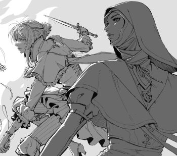 Rule 34 | 2girls, asymmetrical bangs, boots, capelet, closed mouth, coif, corset, dagger, duchess (elden ring), dynamic pose, elbow gloves, elden ring, elden ring nightreign, flat color, frills, gloves, greyscale, hair bun, high collar, high heel boots, high heels, highres, holding, holding pocket watch, hood, irene koh, jewelry, knife, looking to the side, monochrome, multiple girls, necklace, official alternate costume, pocket watch, three-quarter sleeves, undertaker (elden ring), upper body, watch, weapon