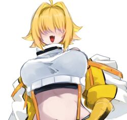 Rule 34 | 1girl, :d, ahoge, black sports bra, blonde hair, blush, breasts, clothing cutout, crop top, cropped sweater, elegg (nikke), gloves, goddess of victory: nikke, h yo no, hair intakes, hair over eyes, large breasts, long bangs, long sleeves, multicolored clothes, multicolored gloves, multicolored hair, open mouth, short hair, shoulder cutout, simple background, smile, solo, sports bra, suspenders, thigh strap, two-tone hair