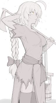 1girl absurdres ahoge alternate_costume bow braid breasts breath bucket commentary cowboy_shot english_commentary fate/grand_order fate_(series) hair_bow hand_on_own_head hatching_(texture) highres hoe holding holding_bucket holding_hoe jeanne_d'arc_alter_(fate) linear_hatching long_hair medium_breasts partially_colored peasant sally_(luna-arts) scratching_head short_sleeves single_braid solo string sweat thighhighs thighs tools white_background wooden_bucket yellow_eyes