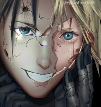 1boy artist_name black_gloves black_hair blonde_hair blood blood_on_face blood_on_mask blue_eyes bullet_hole character_mask cloud_strife colored_eyelashes cracked_kawaii_mask cracked_mask crying crying_with_eyes_open dirty dirty_face final_fantasy final_fantasy_vii gloves green_eyes grin hashtag-only_commentary jeriafterdark male_focus mask smile tears watermark zack_fair