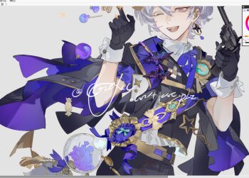 1boy ;d bishounen black_gloves bow capelet collared_shirt cuffs earrings frills gloves grey_background grey_hair gun hair_between_eyes hair_ornament handgun hands_up highres holding holding_gun holding_weapon jewelry liulianjingrua looking_at_viewer male_focus one_eye_closed open_mouth original pants purple_eyes ribbon sash shirt short_hair smile solo tassel weapon white_shirt