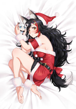 1girl absurdres animal_ear_fluff animal_ears barefoot bed_sheet belt black_belt black_hair breasts character_doll commentary_request curled_up detached_sleeves doll dress flipped_hair full_body fur-trimmed_dress fur-trimmed_headwear fur-trimmed_sleeves fur_anklet fur_trim fur_wrist_cuffs gotointhepark hair_ornament hairclip hat highres holding holding_stuffed_toy hololive large_breasts long_hair looking_at_viewer low-tied_long_hair lying multicolored_hair on_side ookami_mio pom_pom_(clothes) red_dress red_hair red_hat santa_costume santa_dress santa_hat shirakami_fubuki short_dress short_sleeves sideboob sidelocks soles solo spiked_hair strapless strapless_dress streaked_hair stuffed_animal stuffed_toy swept_bangs tail tail_around_own_leg tail_wrap toes very_long_hair virtual_youtuber white_hair wolf_ears wolf_girl wolf_tail wrist_cuffs yellow_eyes