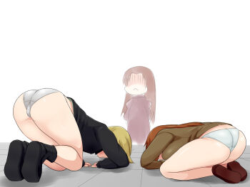 3girls apologizing ass blonde_hair blush breasts brown_hair butt_crack cameltoe charlotte_e._yeager dogeza erica_hartmann large_breasts long_hair military military_uniform minna-dietlinde_wilcke monochrome_background multiple_girls nikku_(nzaf5832) panties prostration shiny_clothes short_hair simple_background small_breasts strike_witches tile_floor tiles top-down_bottom-up underwear white_background white_panties world_witches_series