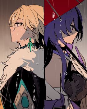 1boy 1girl acheron_(honkai:_star_rail) armor aventurine_(honkai:_star_rail) bandaged_arm bandages black_choker black_jacket black_shirt blonde_hair blue_eyes choker closed_mouth commentary commentary_request criss-cross_halter crop_top earrings english_commentary engrish_commentary from_side fur-trimmed_jacket fur_trim halterneck holding holding_umbrella honkai:_star_rail honkai_(series) jacket jewelry long_hair mixed-language_commentary multicolored_eyes partial_commentary pink_eyes purple_eyes purple_hair ra_suya rain red_umbrella shirt shoulder_armor two-tone_eyes umbrella upper_body wet