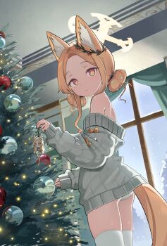 Rule 34 | 1girl, absurdres, alternate costume, alternate hairstyle, animal ears, blonde hair, blue archive, christmas, christmas tree, curtains, decorating christmas tree, double bun, fox ears, fox girl, fox tail, hair bun, halo, highres, indoors, kekek, long sleeves, multicolored eyes, no pants, off-shoulder sweater, off shoulder, open mouth, panties, pantyshot, puffy long sleeves, puffy sleeves, purple eyes, seia (blue archive), short hair, solo, standing, sweater, tail, thighhighs, two-tone eyes, underwear, white panties, white sweater, white thighhighs, window, yellow eyes, yellow halo